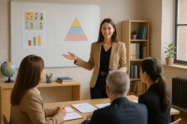 Maestra exponiendo su programación didáctica ante un tribunal con confianza