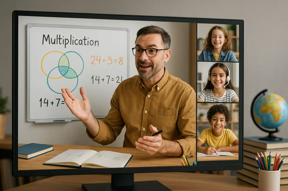 Sesión de clase online en directo con profesor y estudiantes interactuando