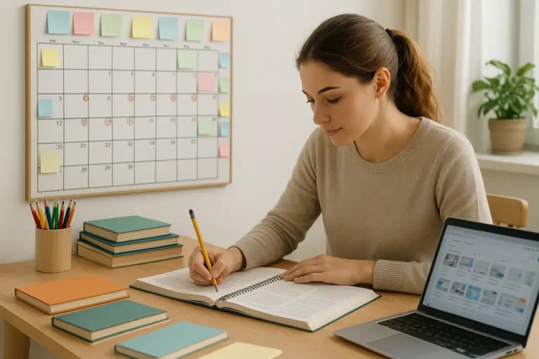 Maestra estudiando en escritorio organizado con materiales de oposiciones