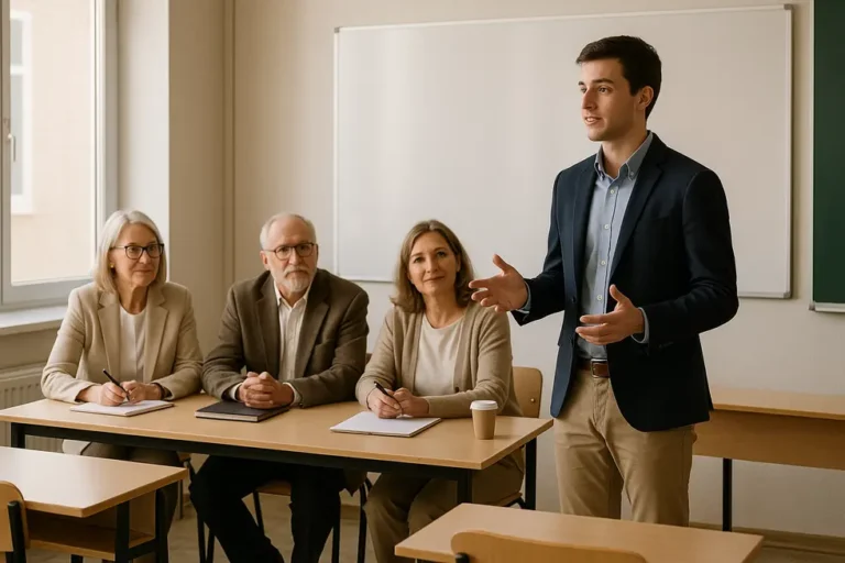Opositor presentando su defensa ante tribunal de oposiciones en aula